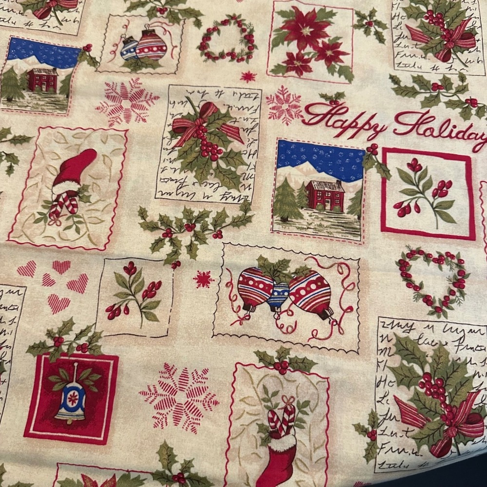 Christmas Holiday Postage Stamp Fabric Remnant Poinsettia Holly 50x44 Cream